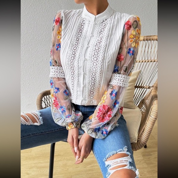 Boho Sheer Floral Embroidered Lace Long Sleeve Evening Top Blouse Shirt White - Picture 1 of 3